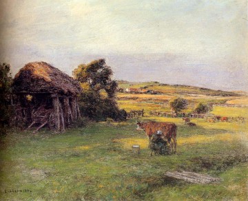 Paisaje con una campesina ordeñando una vaca escenas rurales campesino León Agustín Lhermitte Pinturas al óleo
